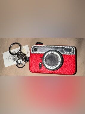 Michael Kors Camera Crossbody Bag Charm Keychain DK Sangria Red and Silver